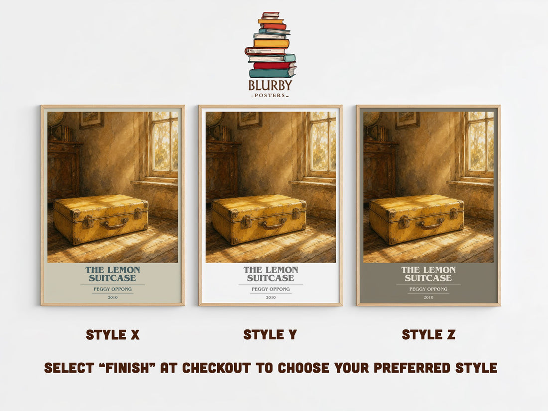The lemon suitcase book cover print in frame leaning in hallway – contemporary fiction wall art (mockup)