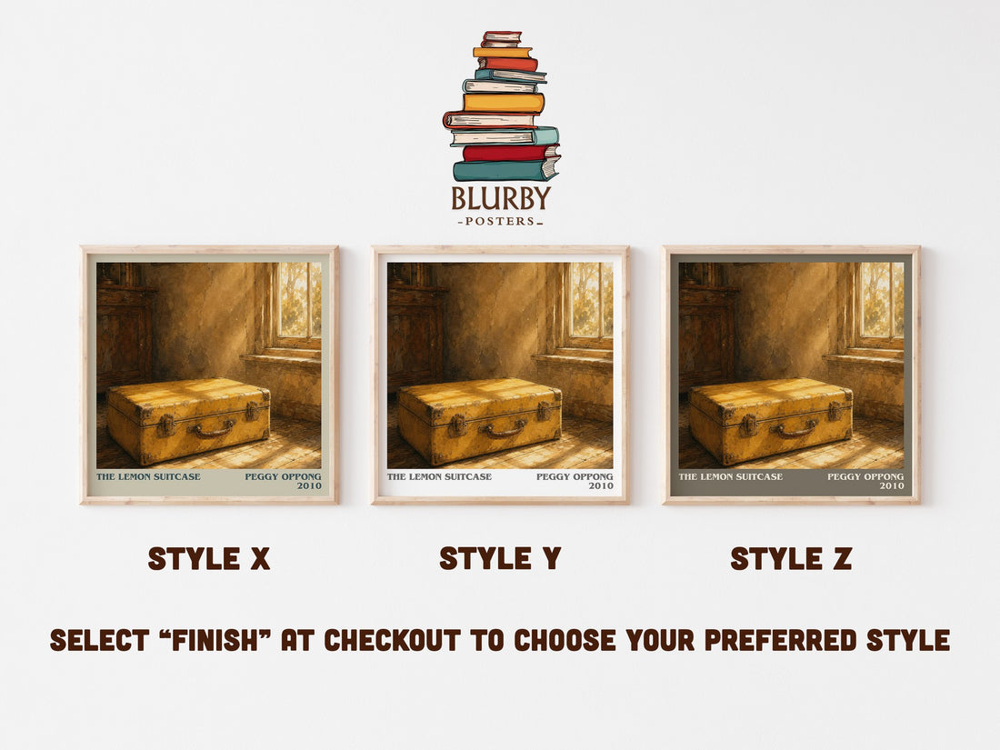 The lemon suitcase literary print in frame leaning in hallway – contemporary fiction wall art (mockup)