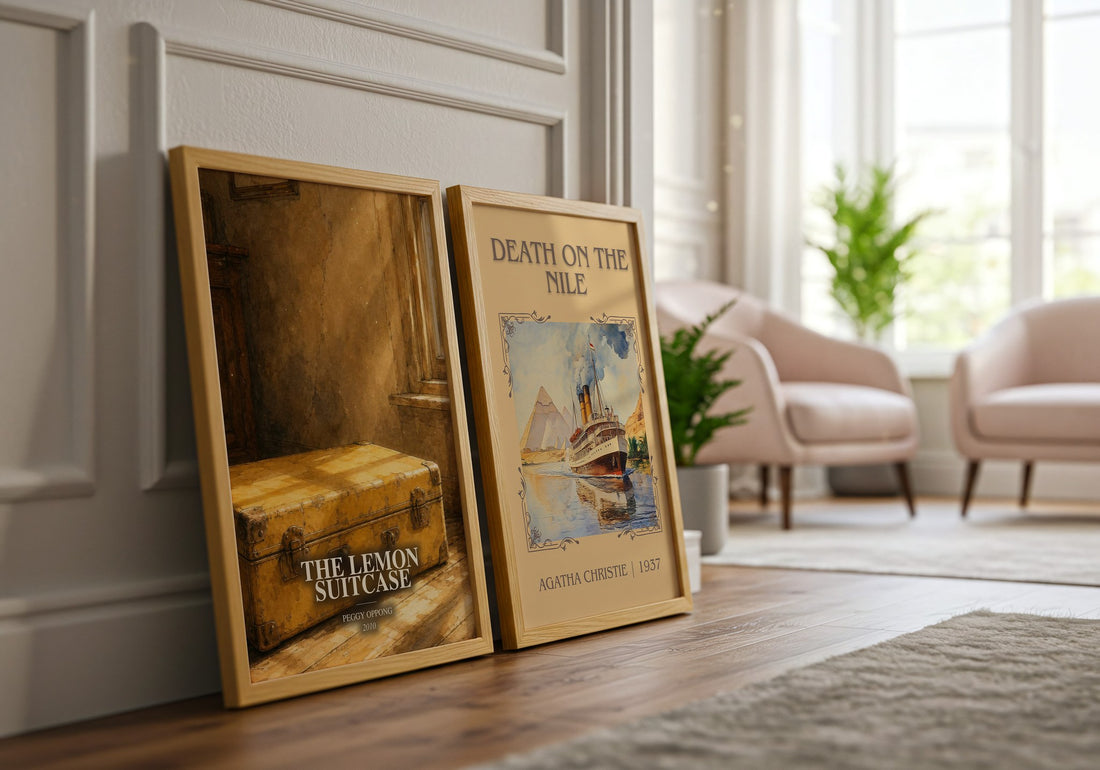 The lemon suitcase watercolour print framed by window – literary home decor