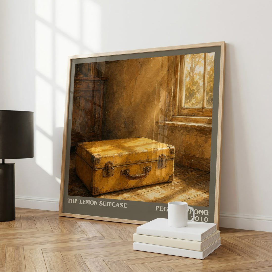 The lemon suitcase literary print framed by window – literary home decor
