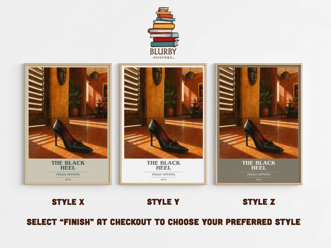 The black heel book cover print in frame leaning in hallway – literary fiction wall art (mockup)