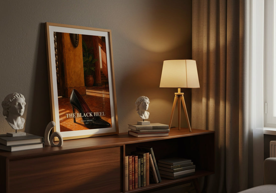 The black heel watercolour print on bookshelf – Peggy Oppong fan gift