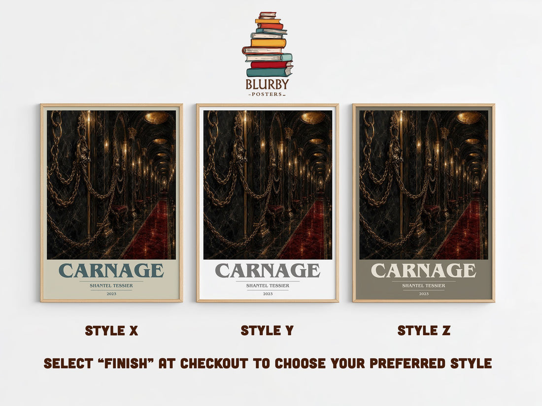 Carnage book cover print in frame leaning in hallway – romance wall art (mockup)