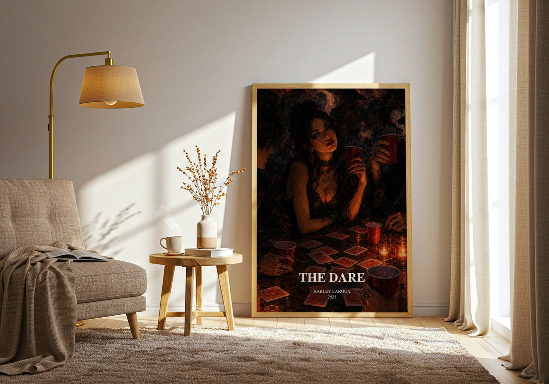 The Dare watercolour print in frame leaning in hallway – romance wall art