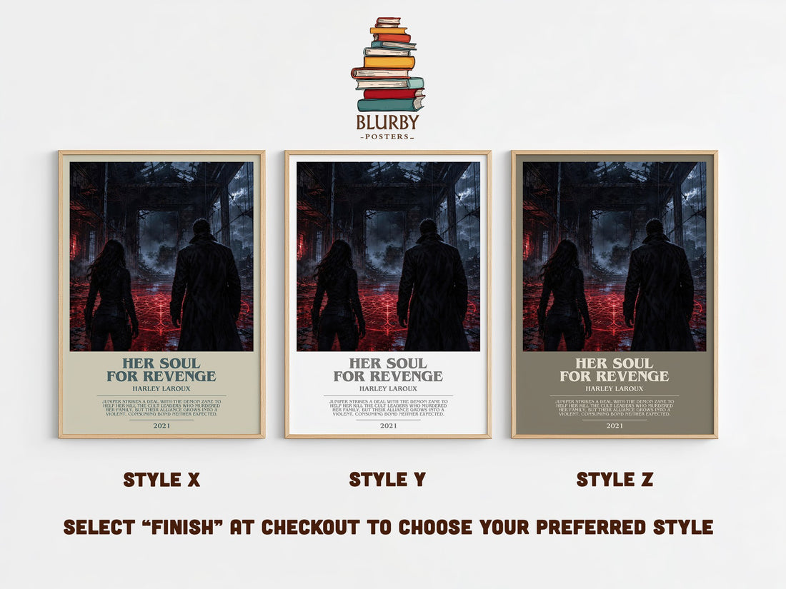 Her Soul for Revenge bookish print in frame leaning in hallway – romance wall art (mockup)