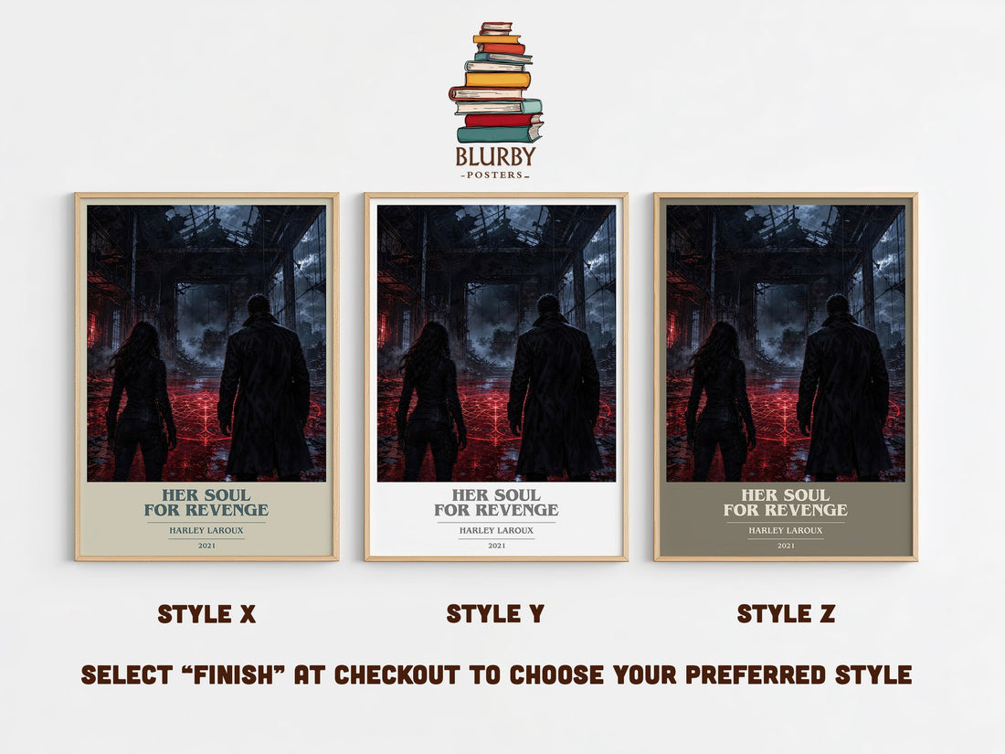 Her Soul for Revenge book cover print in frame leaning in hallway – romance wall art (mockup)