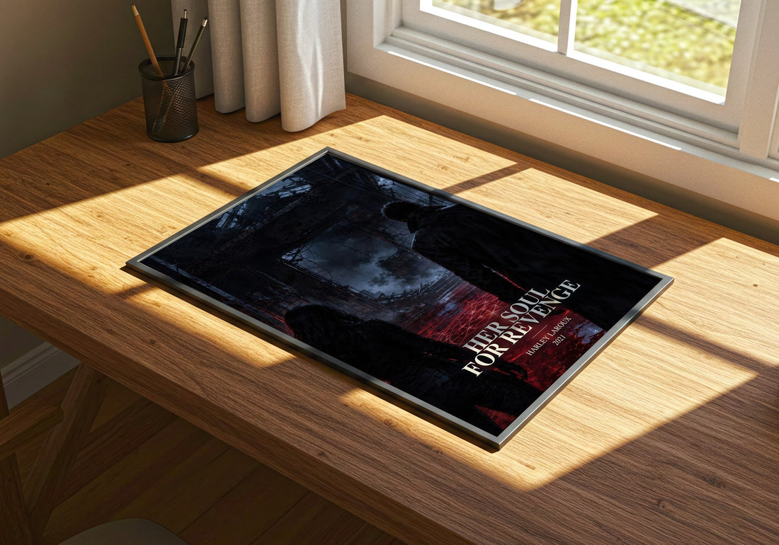 Her Soul for Revenge watercolour book poster framed on wall – romance wall art