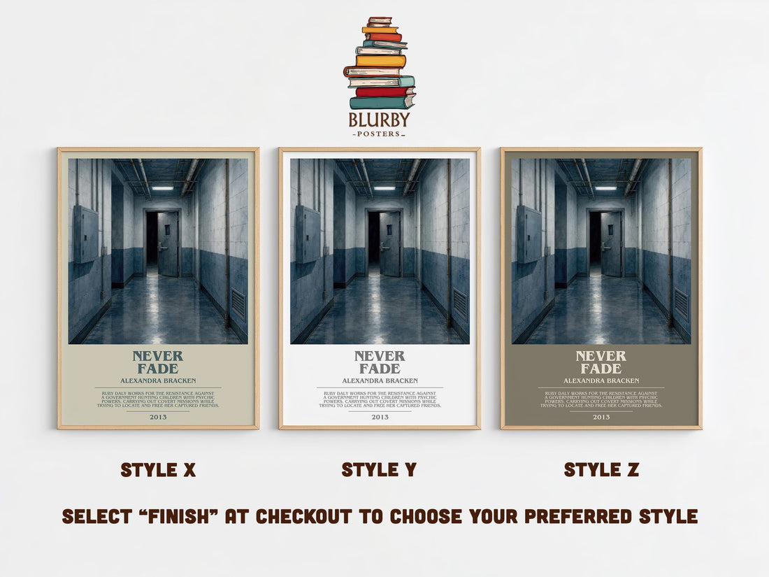 Never fade bookish print in frame leaning in hallway – dystopian wall art (mockup)