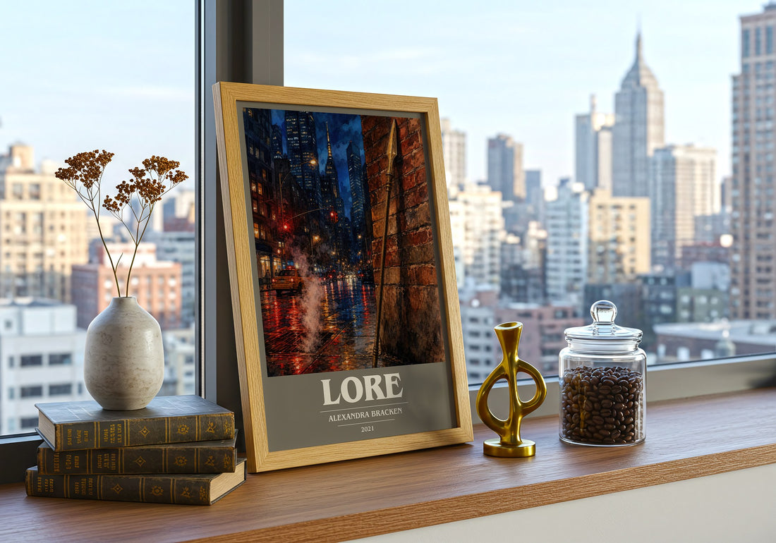 Lore book cover print framed by window – literary home decor
