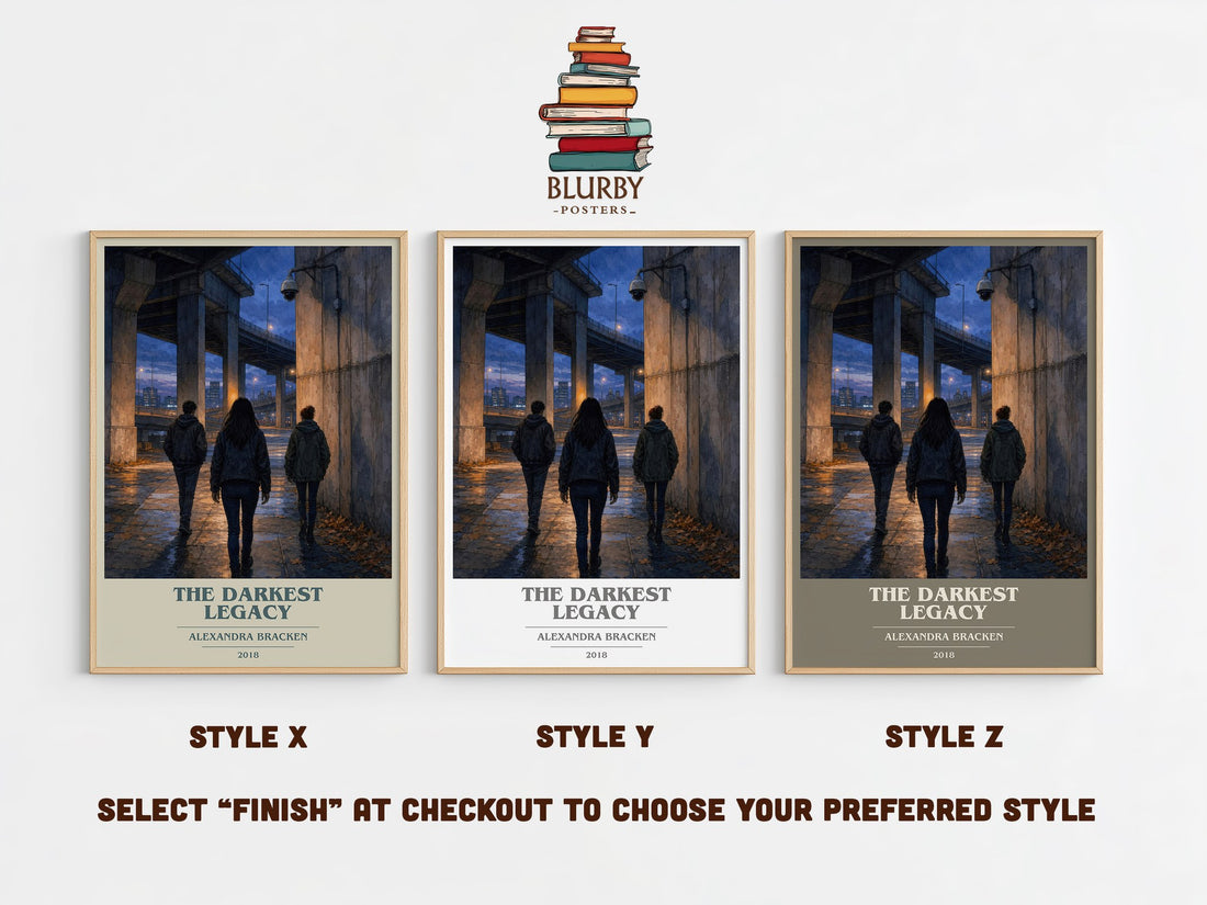 The darkest legacy book cover print in frame leaning in hallway – young adult wall art (mockup)