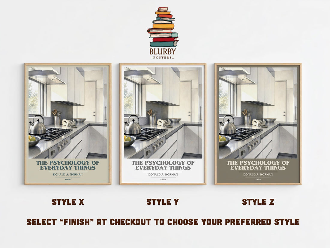 The Psychology of Everyday Things book cover print in frame leaning in hallway – non fiction wall art (mockup)