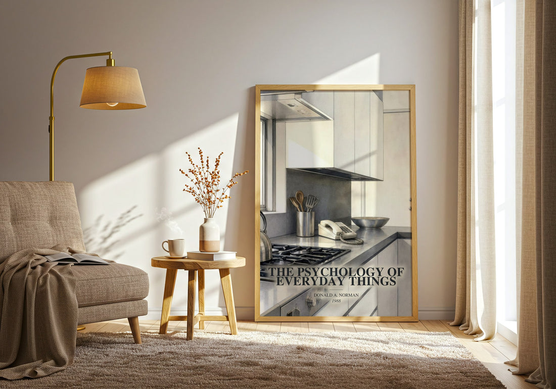 The Psychology of Everyday Things watercolour print in frame leaning in hallway – non fiction wall art