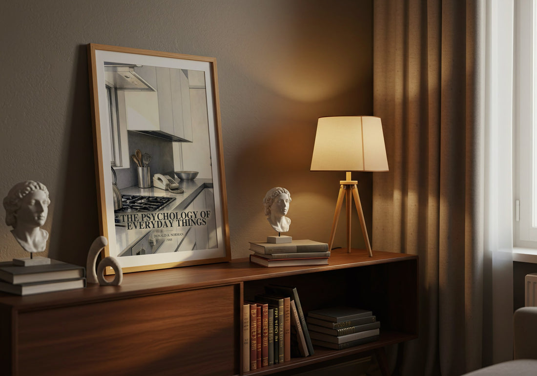 The Psychology of Everyday Things watercolour print on bookshelf – Donald A. Norman fan gift