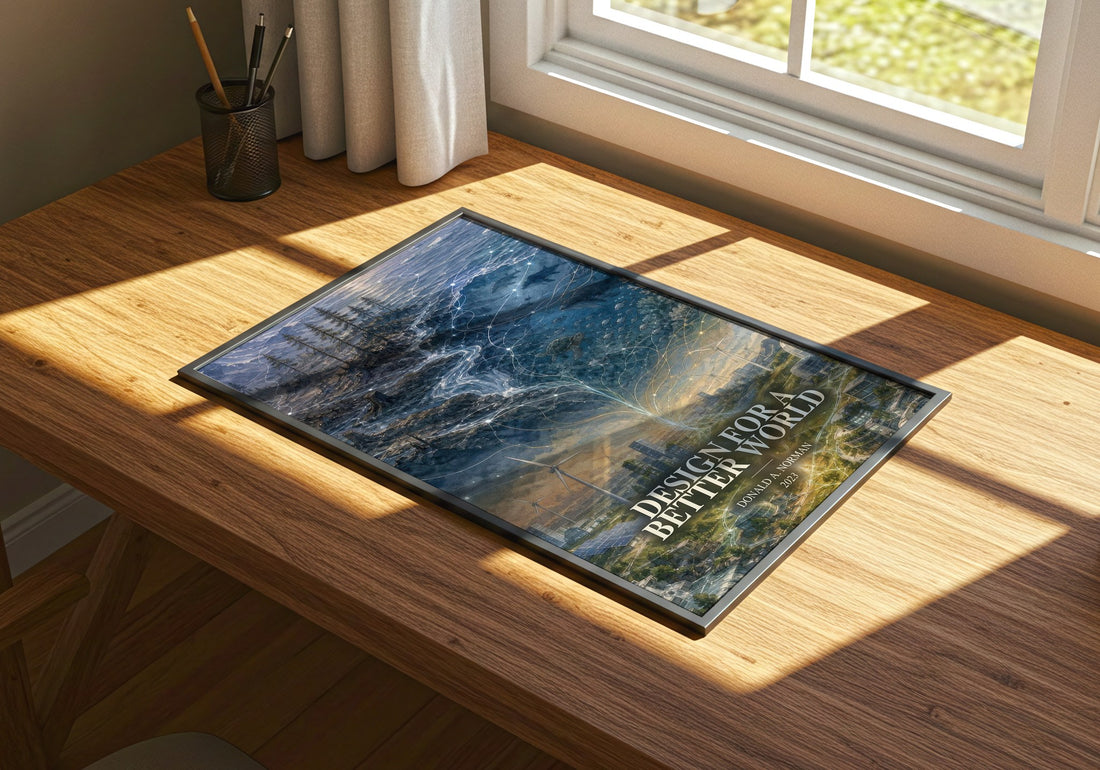 Design for a Better World watercolour book poster framed on wall – non fiction wall art