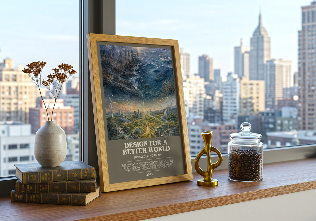 Design for a Better World bookish print framed by window – literary home decor
