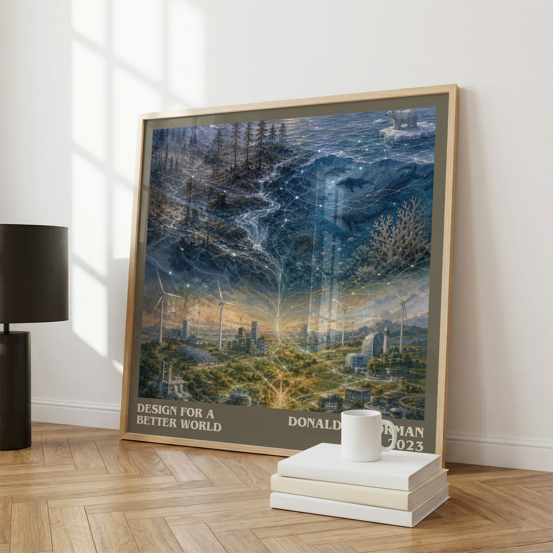Design for a Better World literary print framed by window – literary home decor