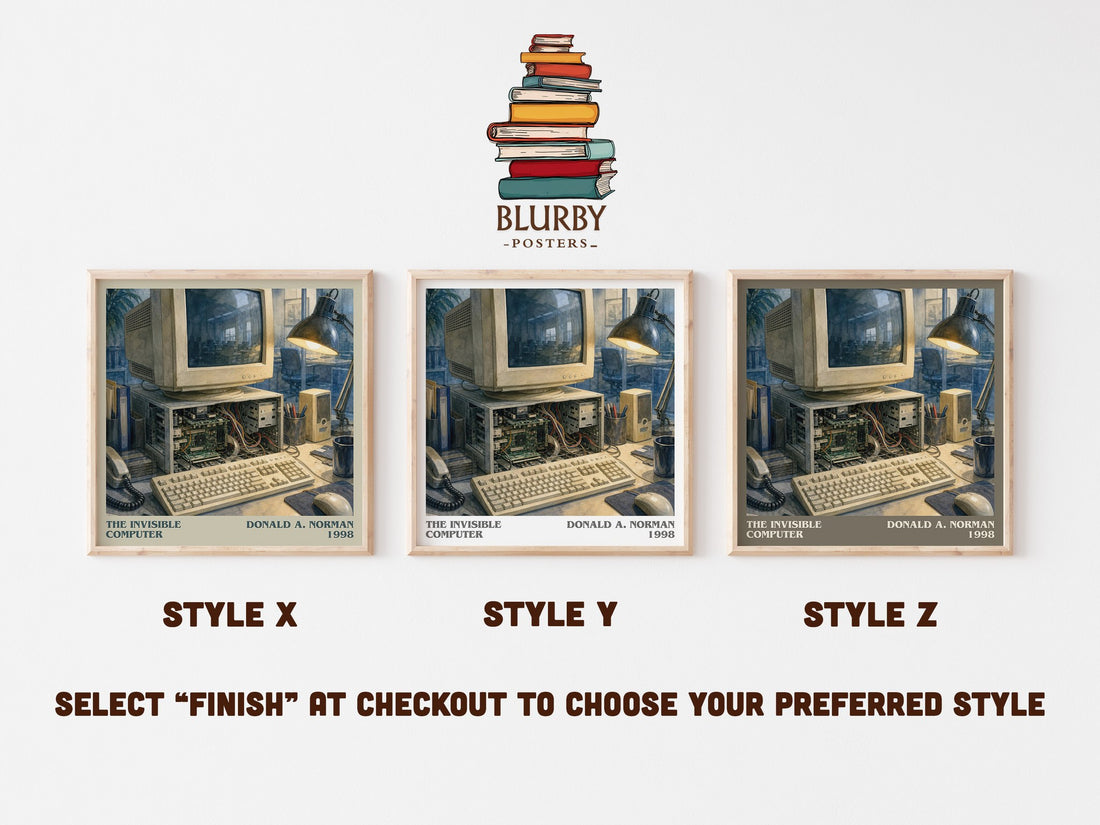 The invisible computer literary print in frame leaning in hallway – non fiction wall art (mockup)