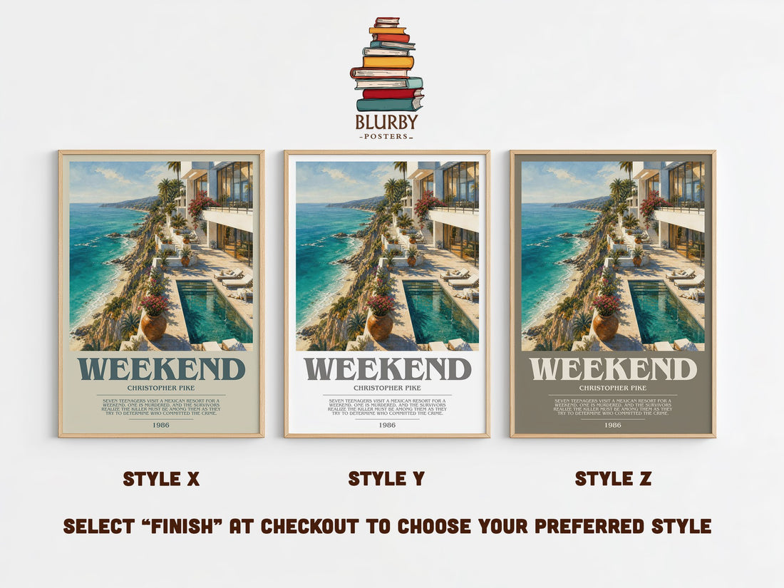 Weekend bookish print in frame leaning in hallway – thriller wall art (mockup)