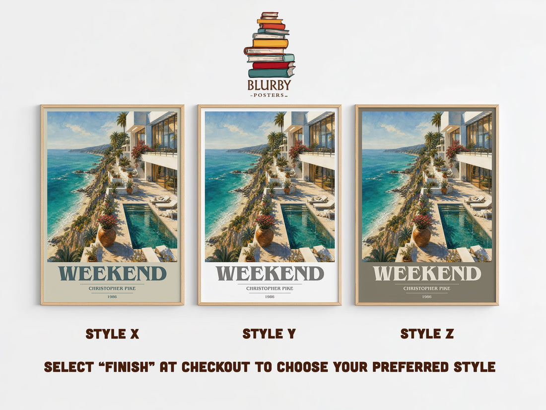 Weekend book cover print in frame leaning in hallway – thriller wall art (mockup)