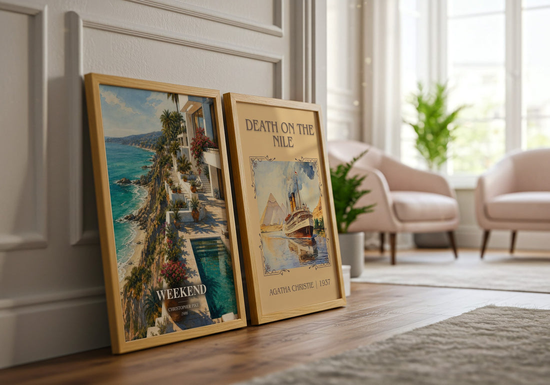 Weekend watercolour print framed by window – literary home decor