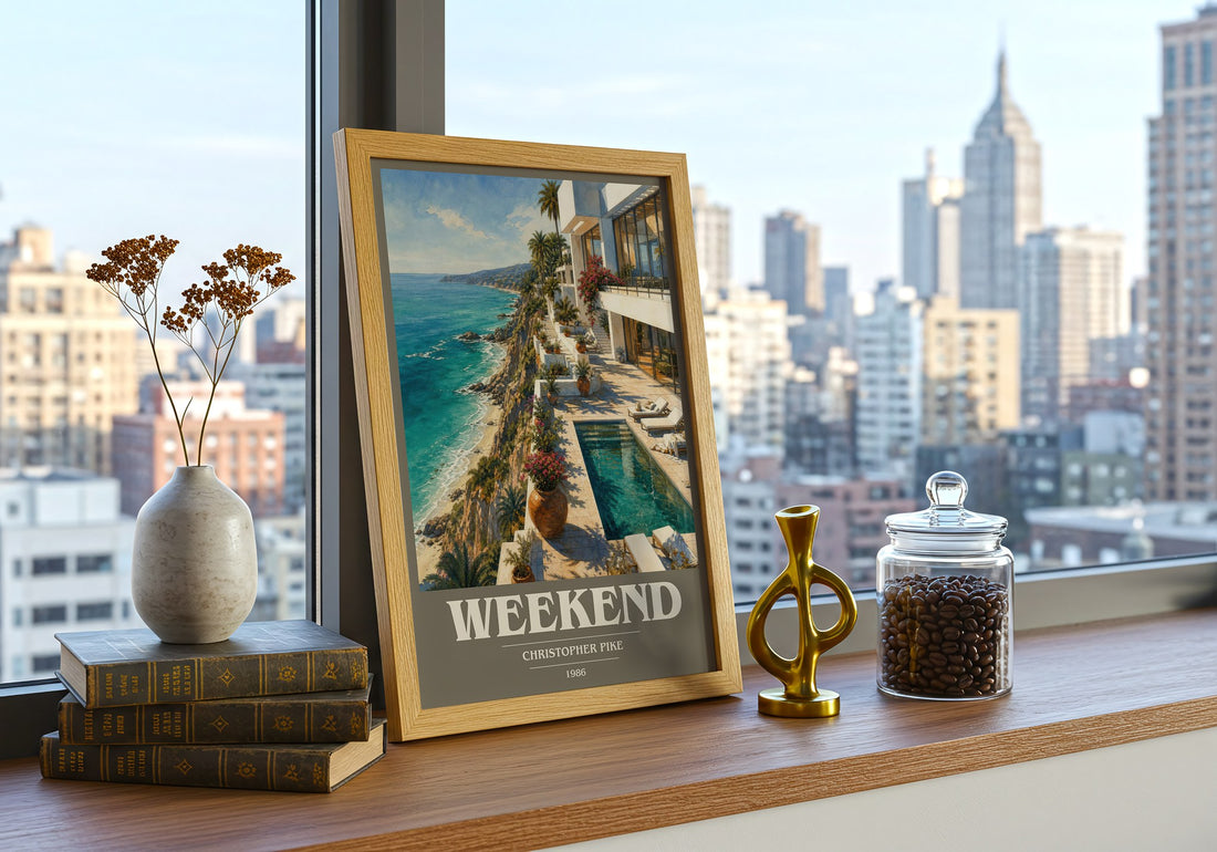 Weekend book cover print framed by window – literary home decor