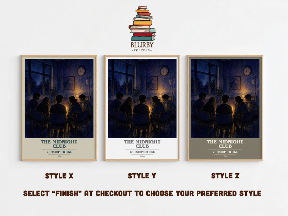 The Midnight Club book cover print in frame leaning in hallway – young adult wall art (mockup)