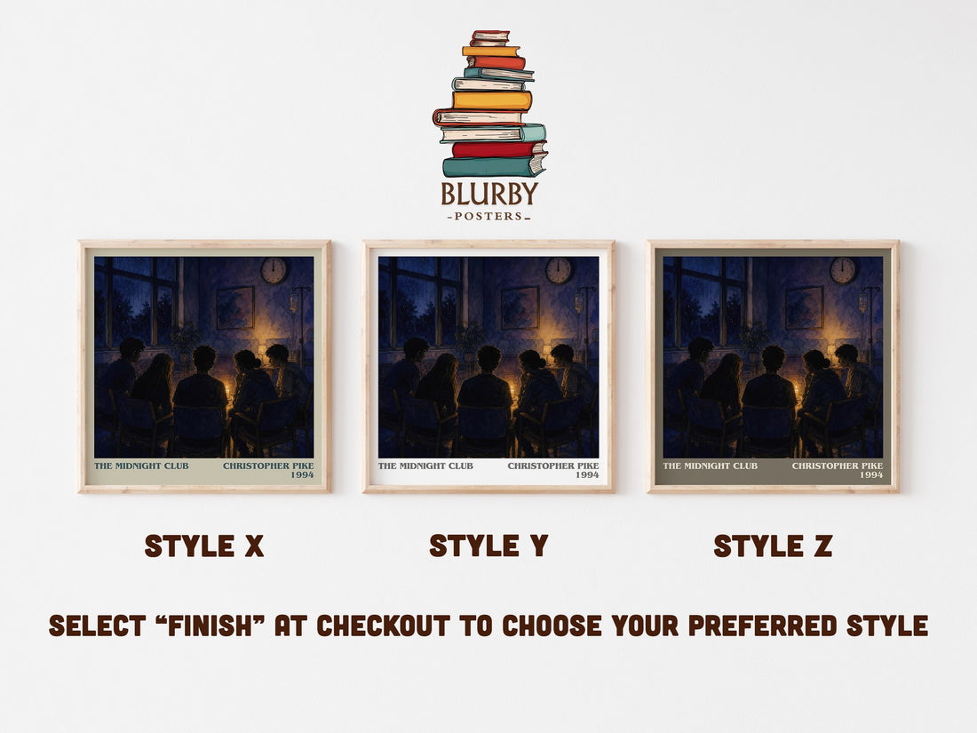 The Midnight Club literary print in frame leaning in hallway – young adult wall art (mockup)
