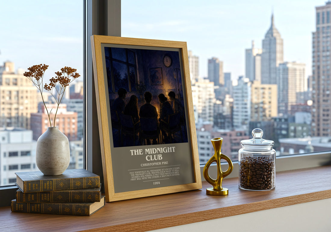The Midnight Club bookish print framed by window – literary home decor