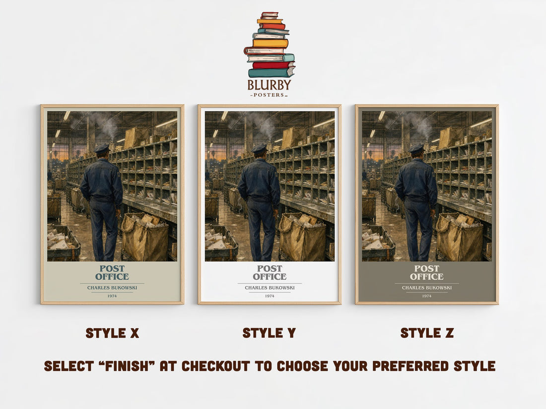 Post office book cover print in frame leaning in hallway – literary fiction wall art (mockup)