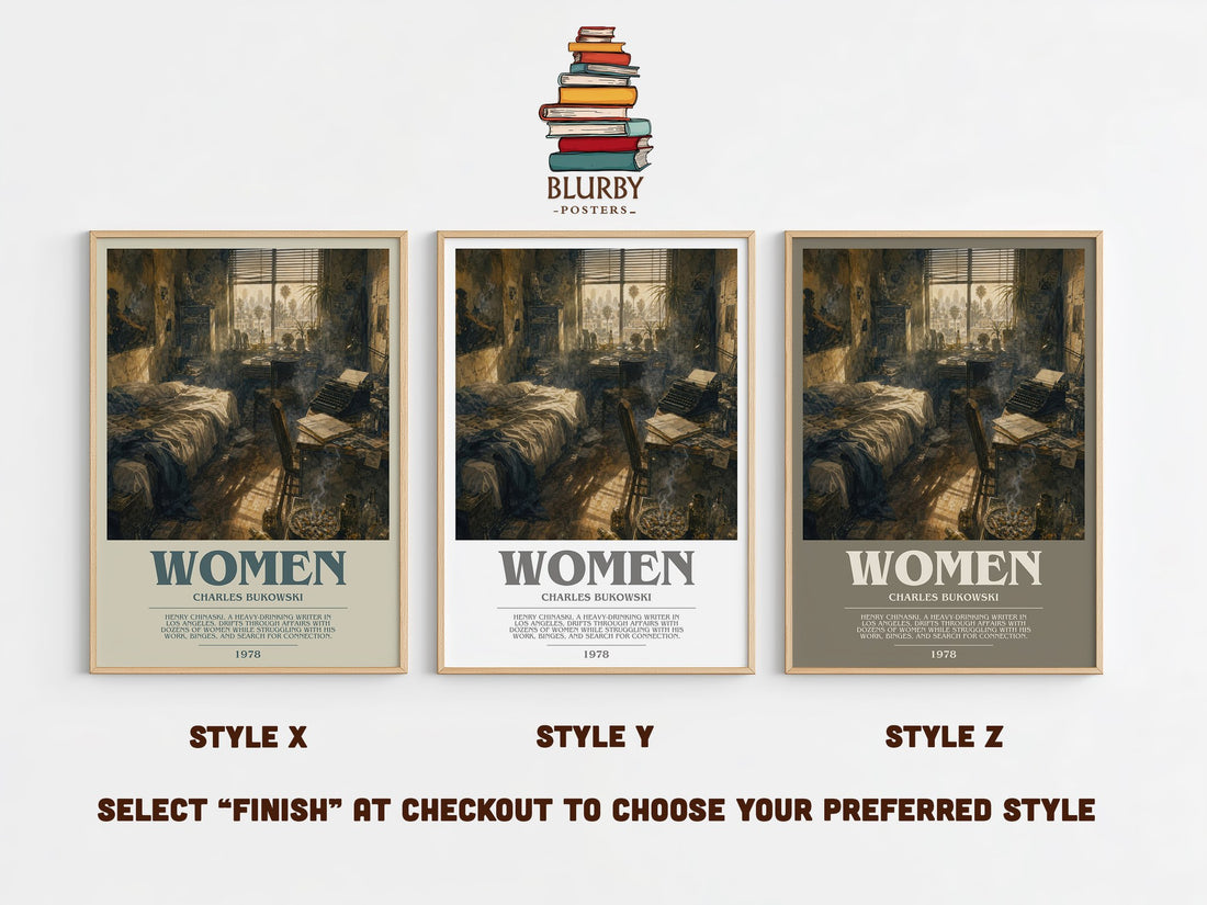 Women bookish print in frame leaning in hallway – literary fiction wall art (mockup)