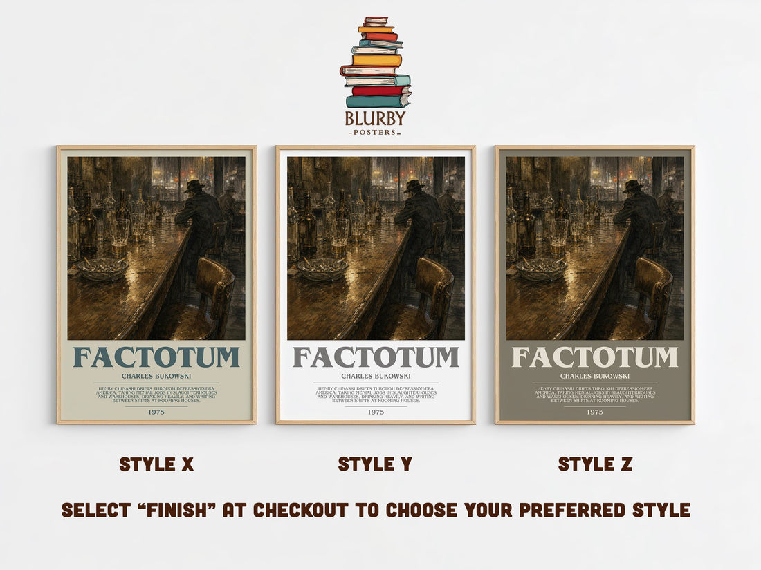 Factotum bookish print in frame leaning in hallway – literary fiction wall art (mockup)