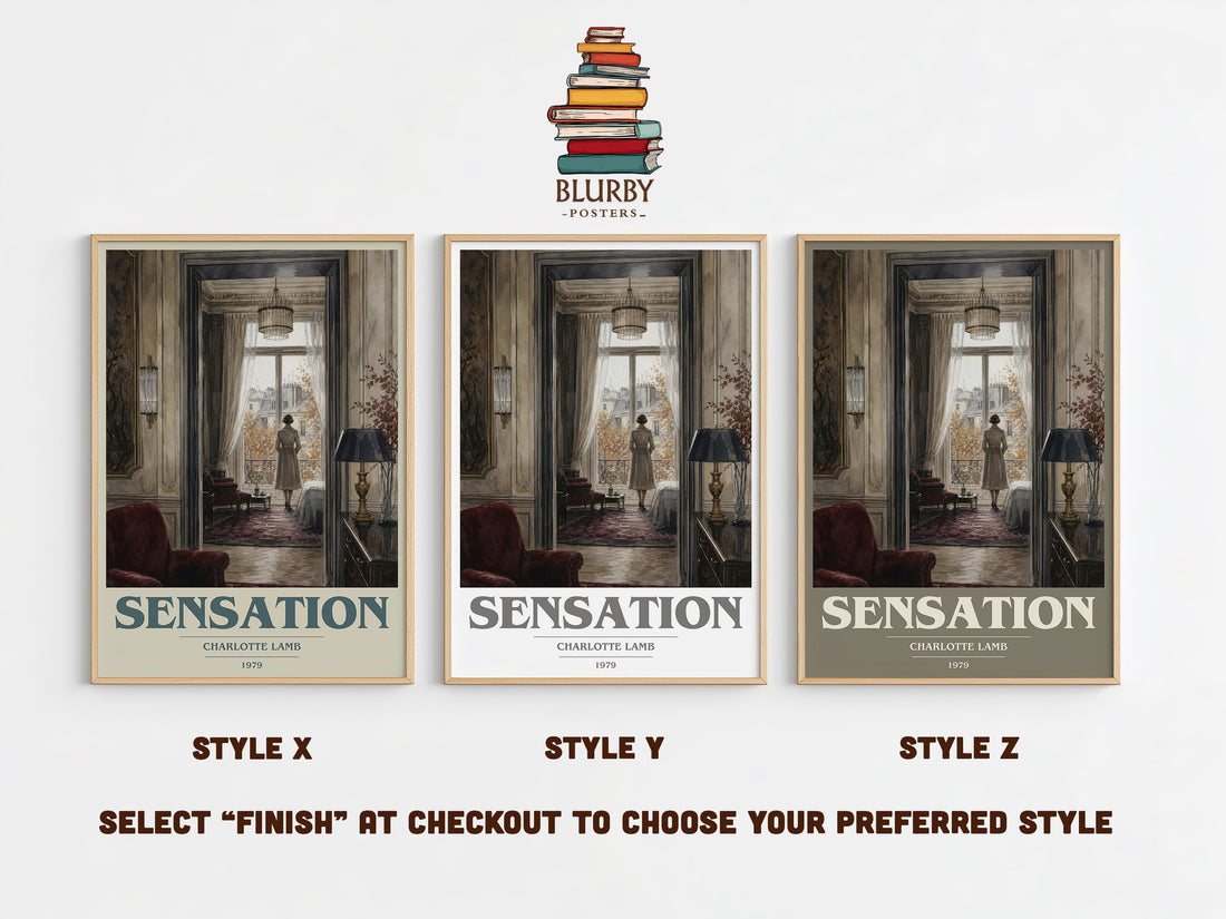 Sensation book cover print in frame leaning in hallway – romance wall art (mockup)