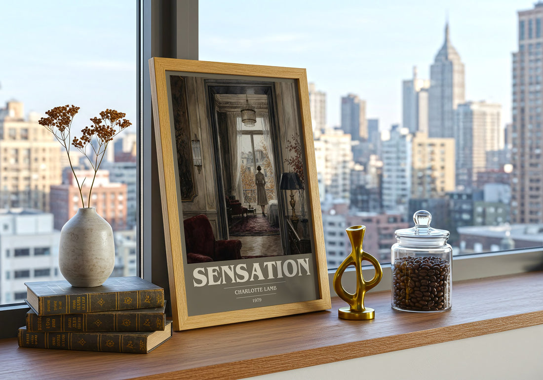 Sensation book cover print framed by window – literary home decor