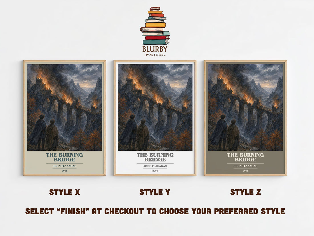 The Burning Bridge book cover print in frame leaning in hallway – young adult wall art (mockup)