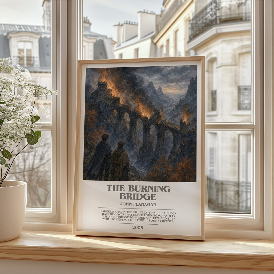 The Burning Bridge bookish poster colour and style options – John Flanagan book art
