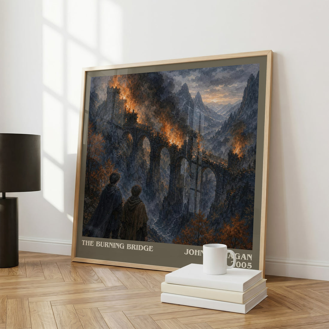 The Burning Bridge literary print framed by window – literary home decor