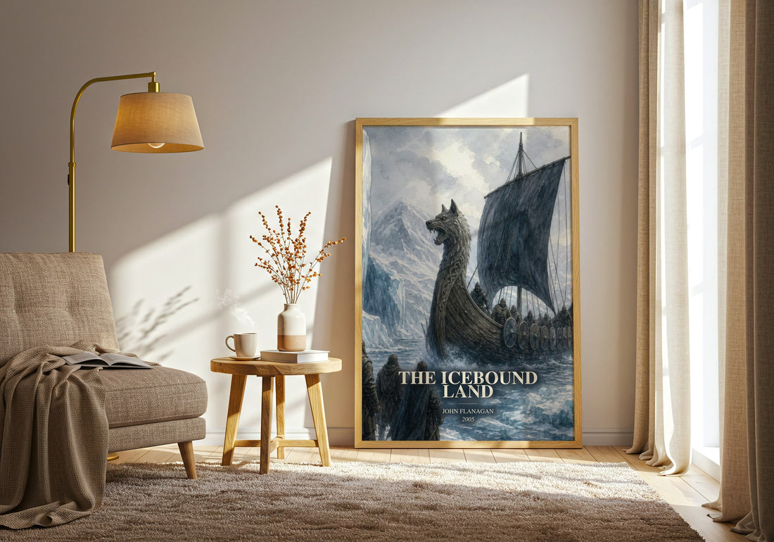 The Icebound Land watercolour print in frame leaning in hallway – fantasy wall art
