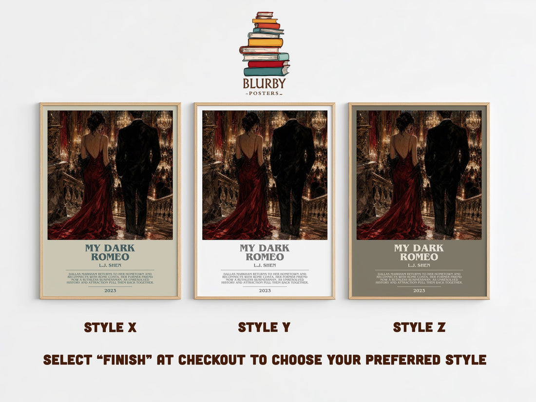 My Dark Romeo bookish print in frame leaning in hallway – romance wall art (mockup)