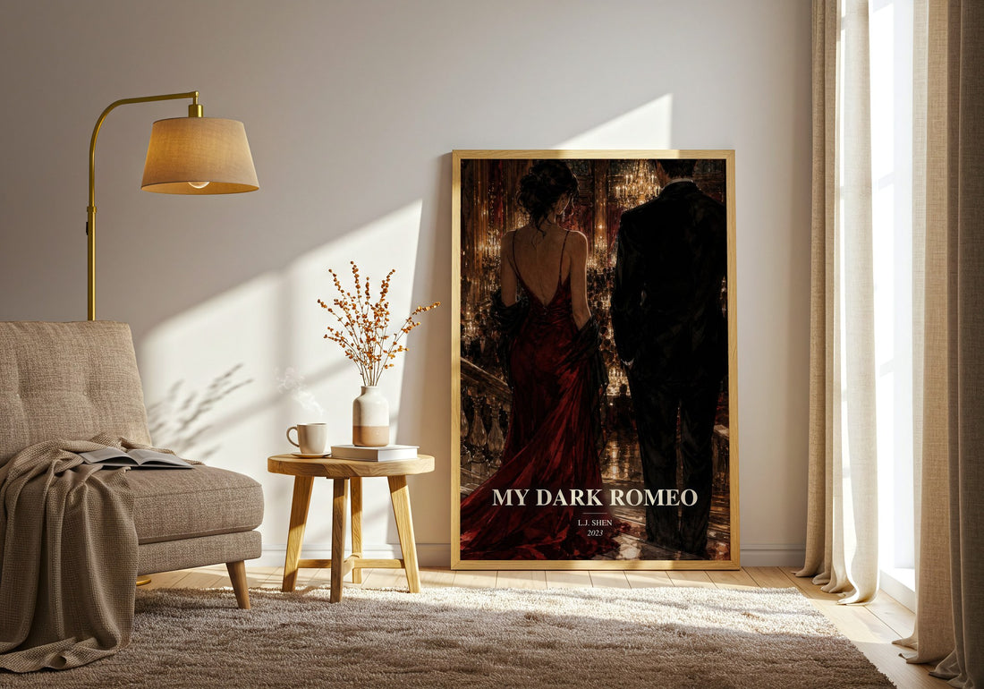 My Dark Romeo watercolour print in frame leaning in hallway – romance wall art