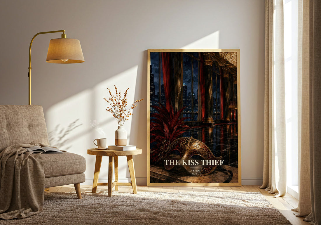 The Kiss Thief watercolour print in frame leaning in hallway – romance wall art