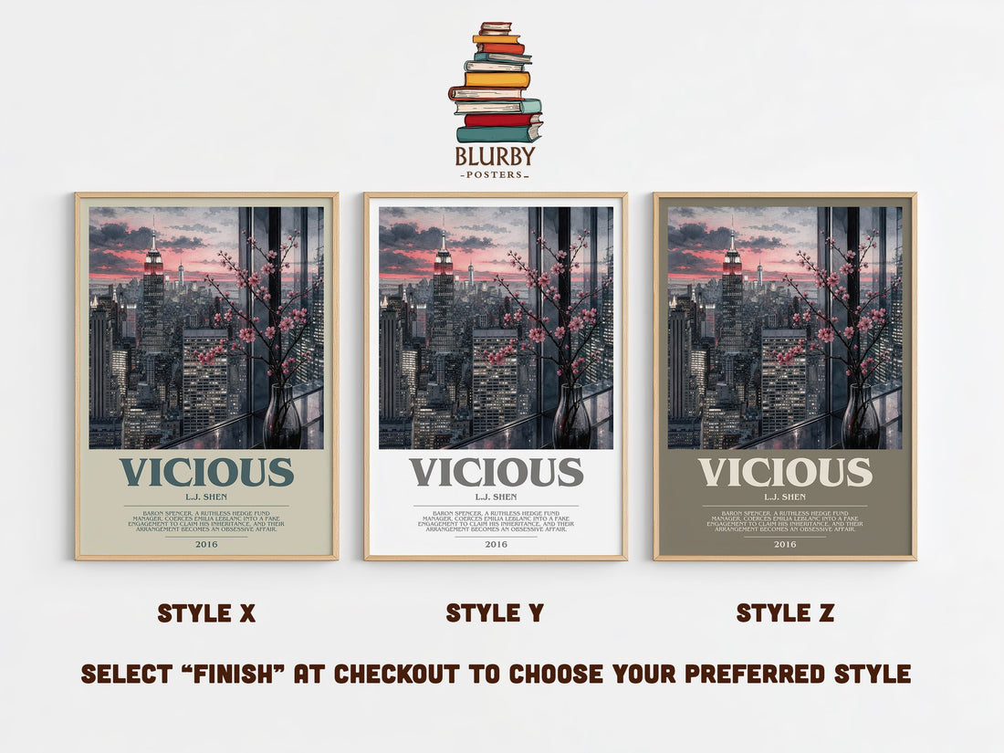 Vicious bookish print in frame leaning in hallway – contemporary fiction wall art (mockup)