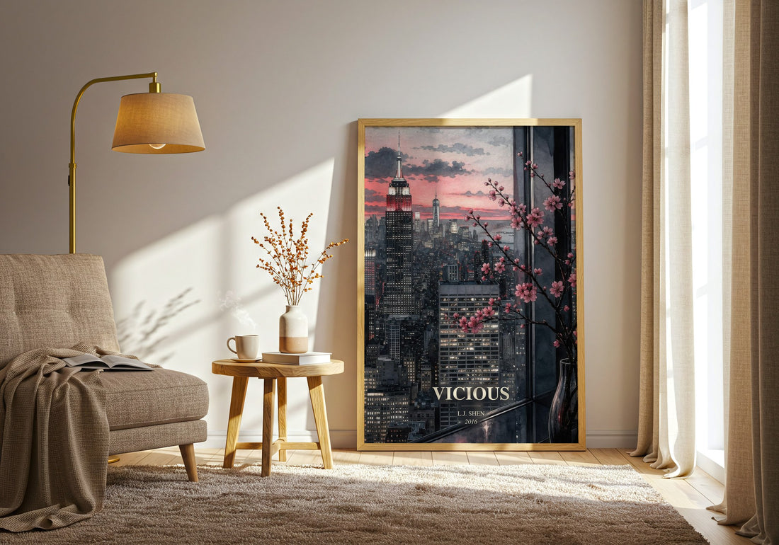 Vicious watercolour print in frame leaning in hallway – contemporary fiction wall art