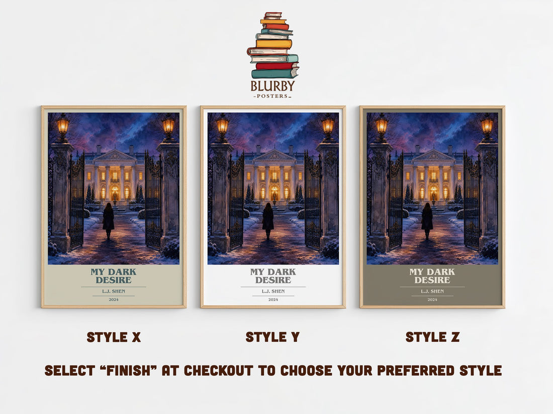 My Dark Desire book cover print in frame leaning in hallway – romance wall art (mockup)