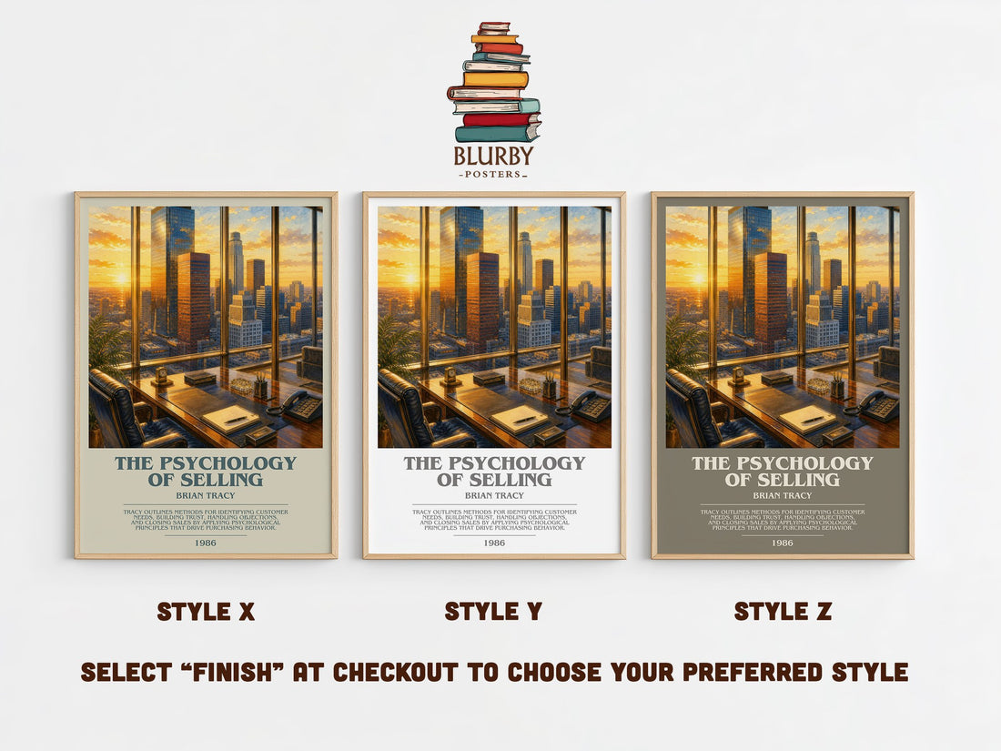 The Psychology of Selling bookish print in frame leaning in hallway – non fiction wall art (mockup)