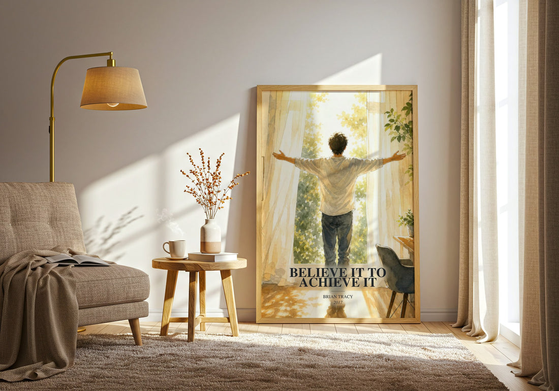 Believe It to Achieve It watercolour print in frame leaning in hallway – non fiction wall art