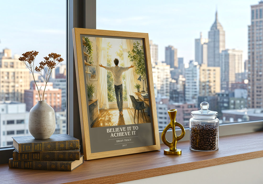 Believe It to Achieve It book cover print framed by window – literary home decor