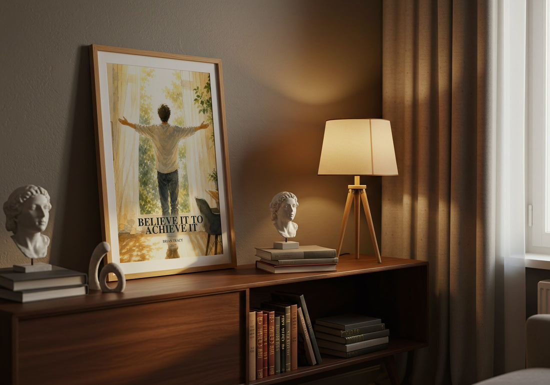 Believe It to Achieve It watercolour print on bookshelf – Brian Tracy fan gift
