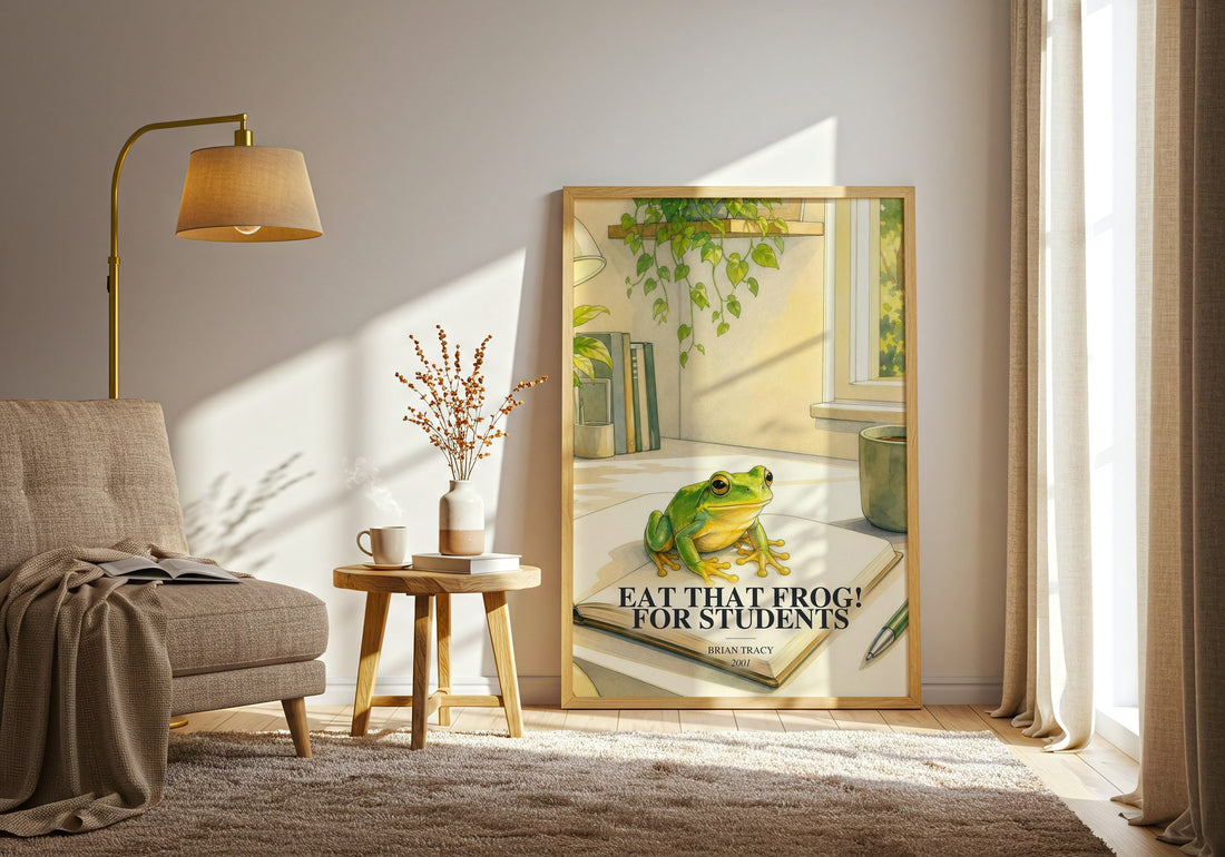 Eat That Frog! for Students watercolour print in frame leaning in hallway – non fiction wall art