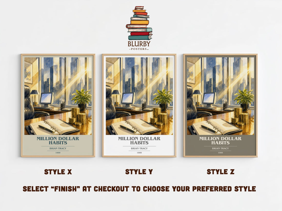 Million Dollar Habits book cover print in frame leaning in hallway – non fiction wall art (mockup)
