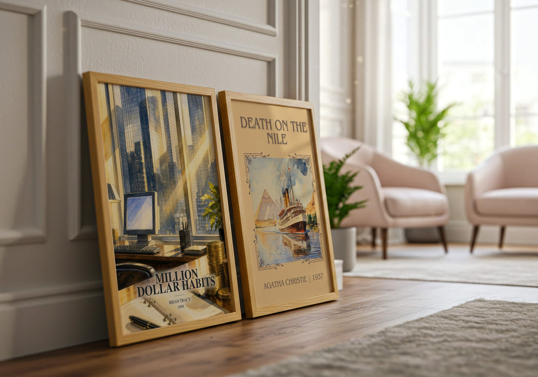 Million Dollar Habits watercolour print framed by window – literary home decor